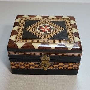 Vintage V. Molero handmade marquetry inlaid wood trinket box, keepsake box